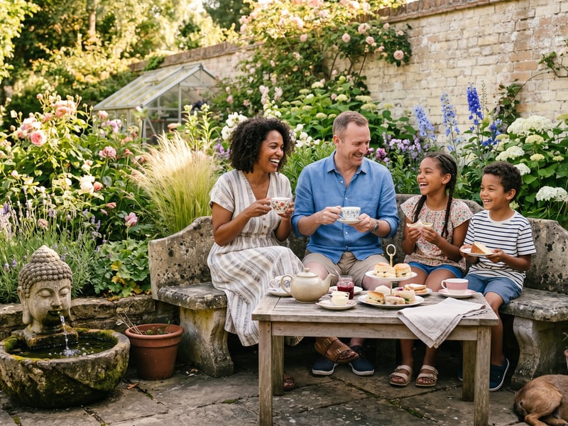 Mixed race British family enjoying afternoon tea in their summer garden with a Buddha water feature gently bubbling nearby