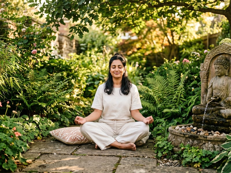 South Asian woman meditating beside an ornate stone Buddha water feature in a UK summer garden with bamboo and ferns