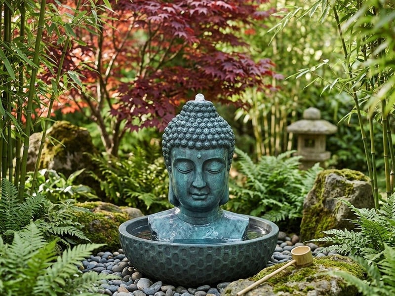 Ushnisha self-contained Buddha water feature with water flowing gently in a zen garden setting