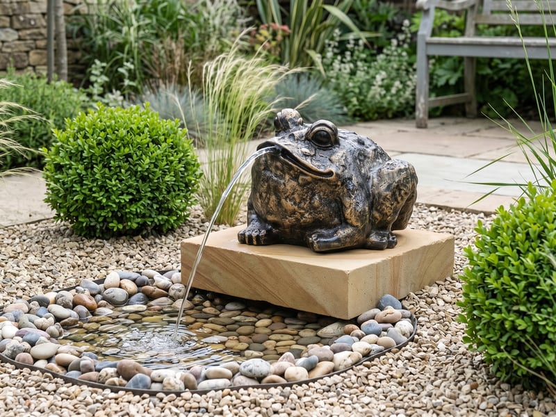 Aged bronze bull frog fountain garden ornament spouting water into a pebble basin in a modern gravel courtyard garden