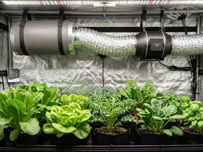 Cylindrical carbon filter connected to an inline extractor fan and ducting inside a grow tent
