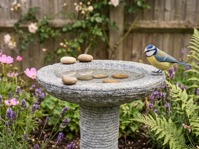 Cascade Grey Granite Bird Bath in a UK wildlife garden with a blue tit perched on the rim and lavender and ferns planted around the pedestal