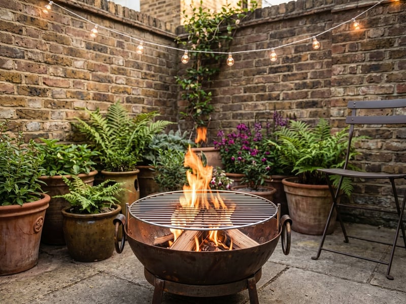 40cm Kadai steel fire pit bowl with grill in a walled London courtyard garden with potted ferns and string lights
