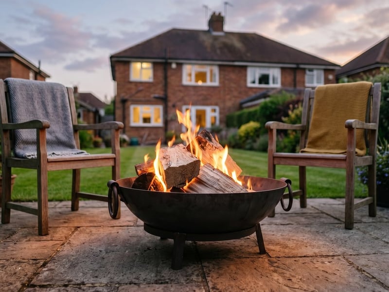 60cm Kadai steel fire pit bowl burning at dusk on a UK suburban patio between two garden chairs