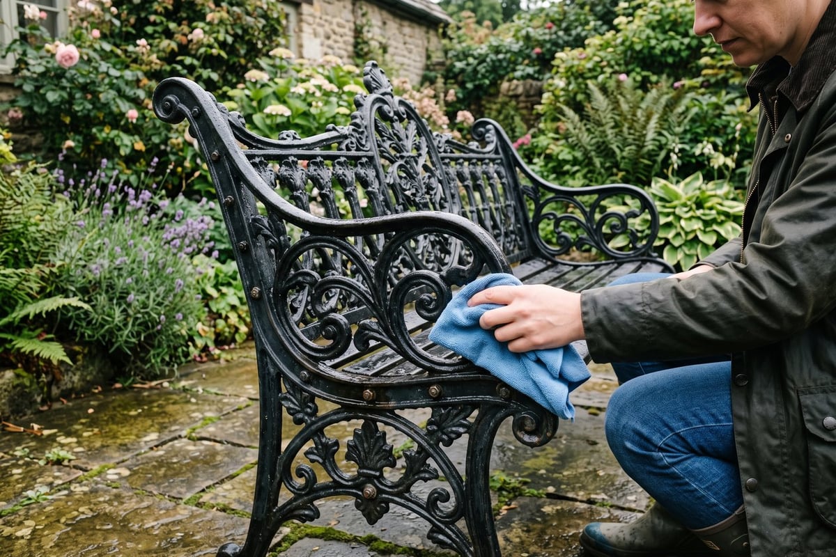 Drying the detailed joints and feet of cast iron garden furniture