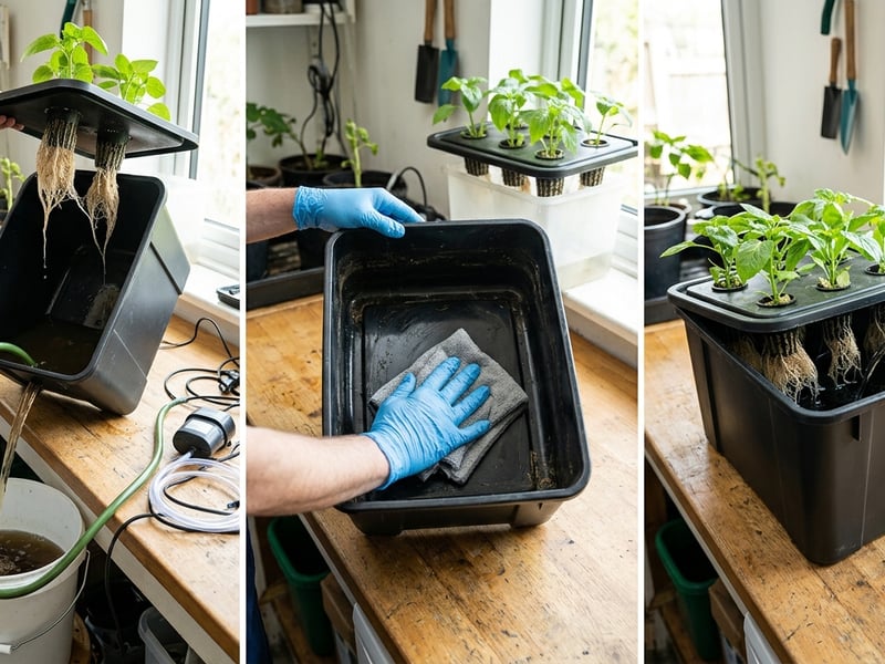 Grower draining, wiping and refilling a covered hydroponic reservoir in three clear stages
