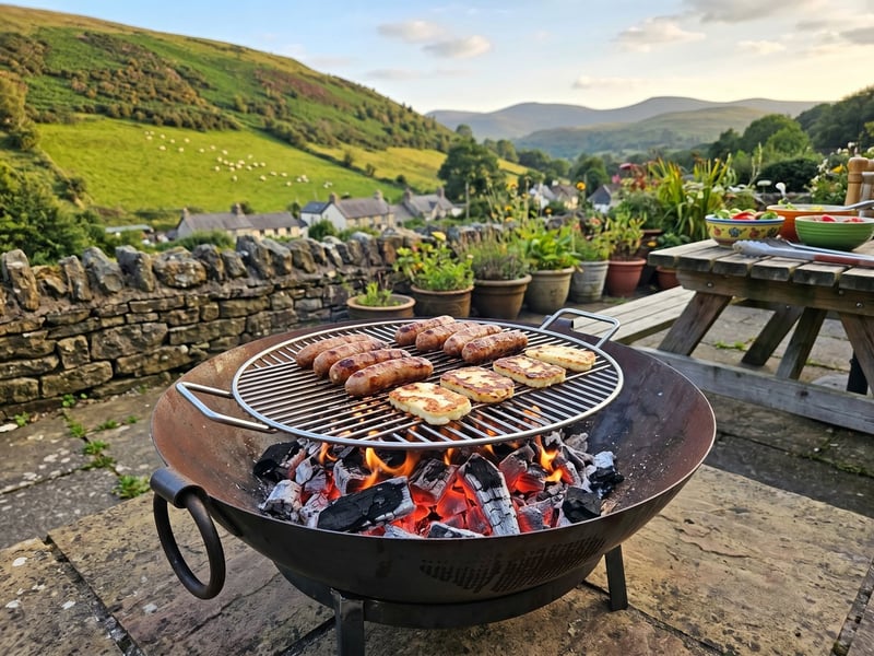 Sausages and halloumi cooking on the 60cm Kadai fire pit bowl grill over charcoal embers in a Welsh valley garden