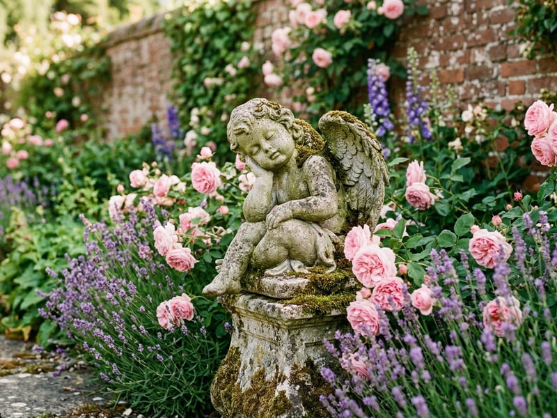 Cherub garden statue UK on a stone pedestal surrounded by roses and lavender in a cottage garden