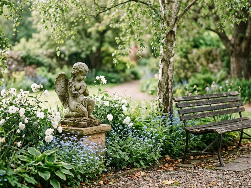 Cherub garden statue in a memorial corner with white roses and forget-me-nots in a UK garden