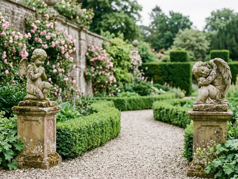 Pair of cherub garden statues UK on stone pedestals flanking a formal garden path