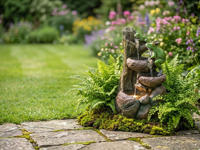 Child-safe solar water feature with two cartoon frogs cascading water on a patio beside a family garden lawn