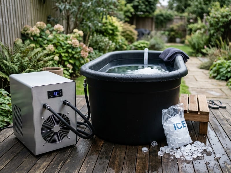 A chiller unit beside a cold plunge tub next to a bag of melting ice cubes