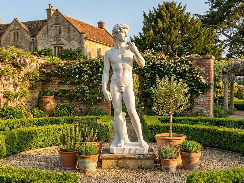 David garden ornament in white crushed marble resin - classical garden statues uk Renaissance