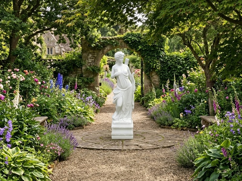Diana the Hunter garden statue in classical garden setting - classical garden statues uk