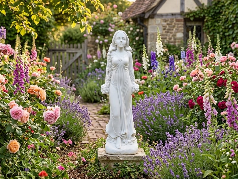 Flora goddess of flowers garden ornament in garden setting - classical garden statues uk