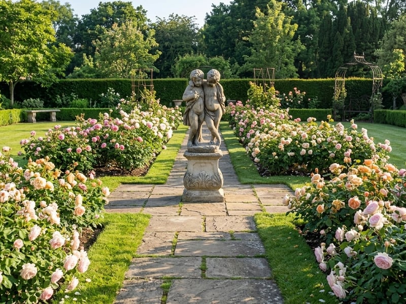 Twin standing cherub stone statue in garden setting - classical garden statues uk