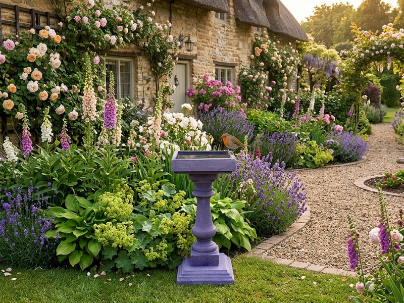Stone baluster bird bath in an English country garden with climbing roses and a gravel path