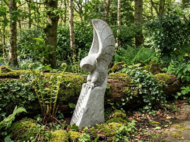 Stone barn owl garden ornament perched on a mossy log in a woodland garden setting