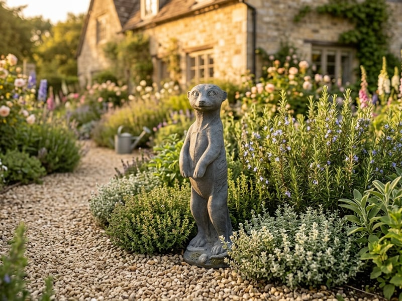Stone meerkat garden statue in a sunny cottage garden setting surrounded by lavender and herbs