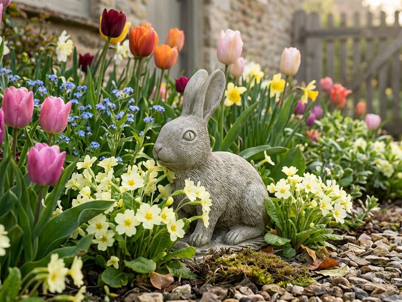 Cheeky rabbit stone garden ornament nestled among spring flowers in a cottage garden border