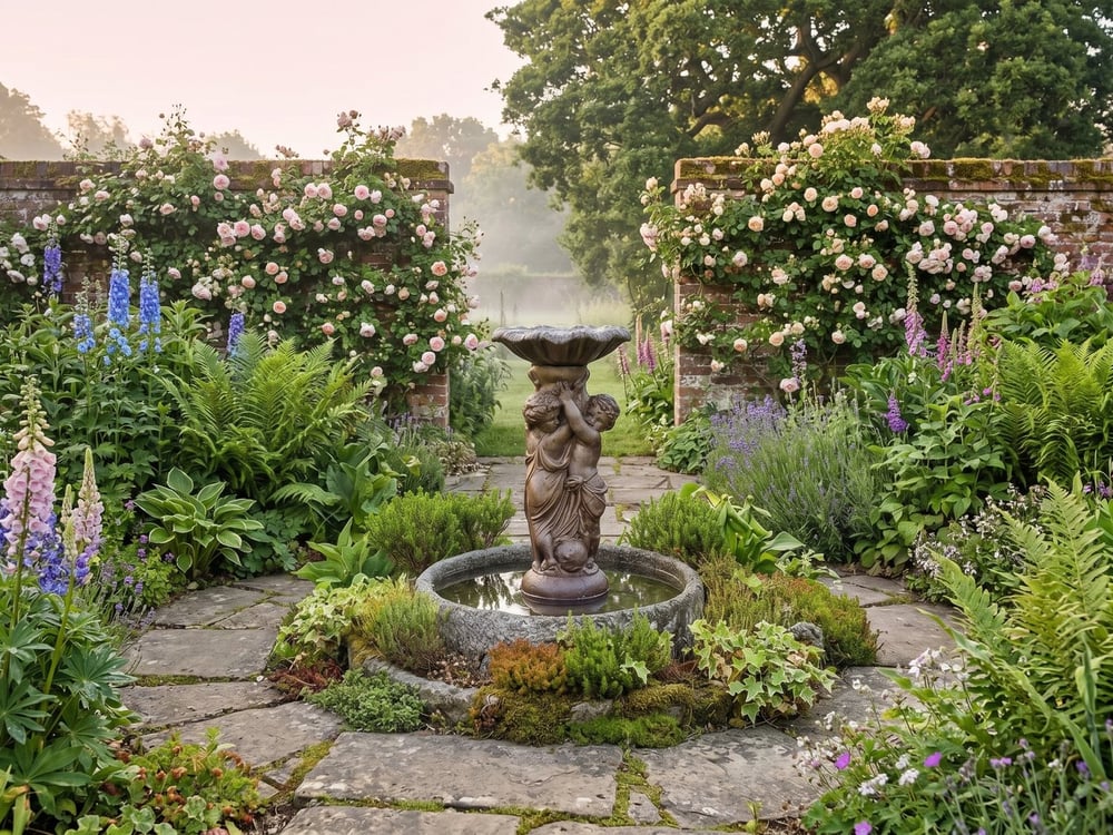 Two-cherub tiered fountain with crystal-clear water in a round stone pond in a walled rose garden at dawn