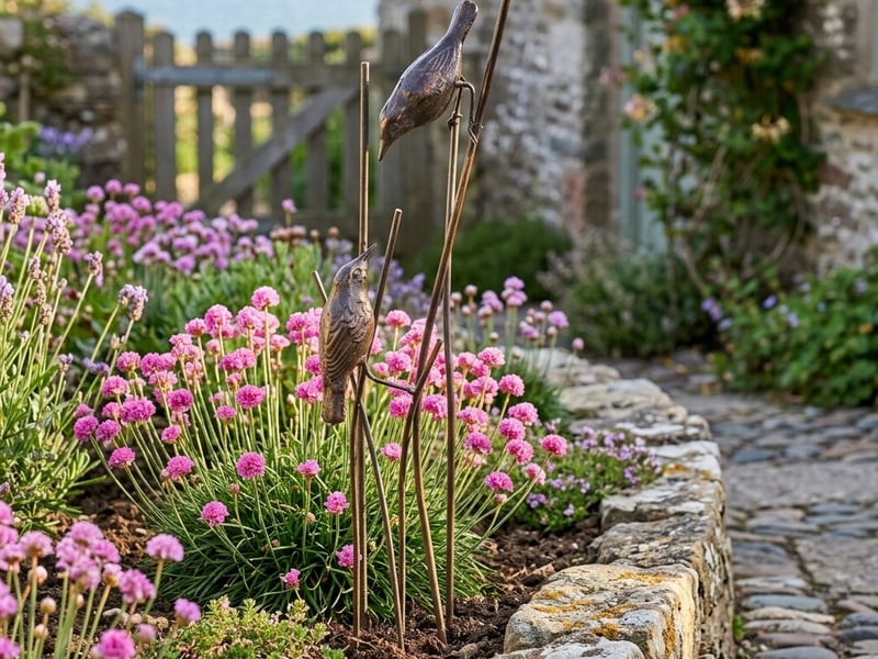 Birds on Reeds Metal Garden Ornament in iron with bronzed patina in a coastal cottage garden - coastal garden ornaments uk