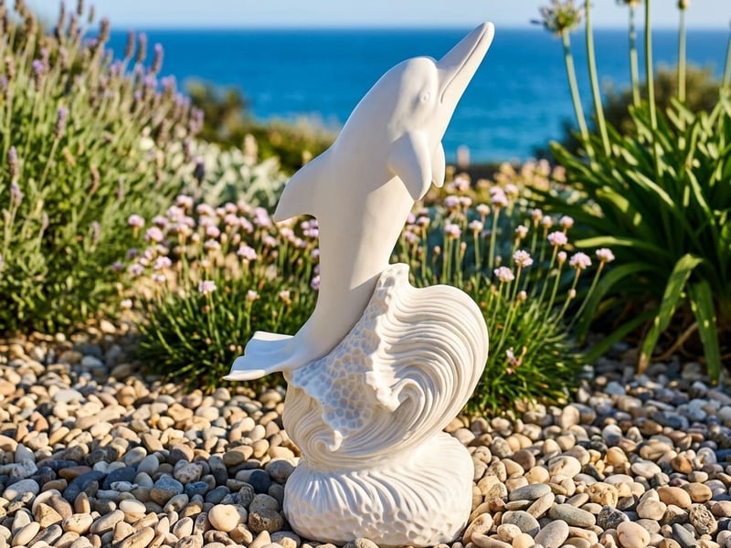 Leaping Dolphin Garden Ornament in white crushed marble in a sunny coastal garden - coastal garden ornaments uk