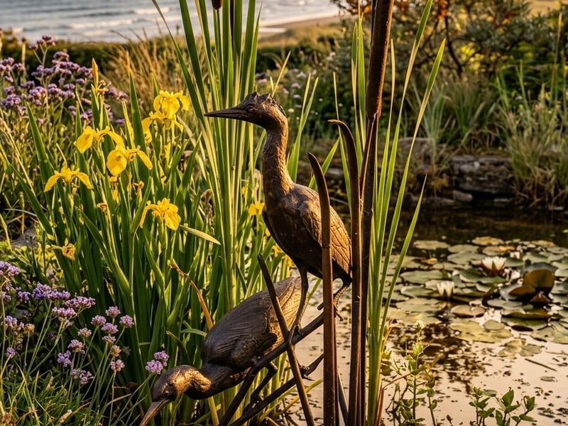 Herons on Reeds Metal Garden Ornament in bronze patina beside a coastal garden pond - coastal garden ornaments uk