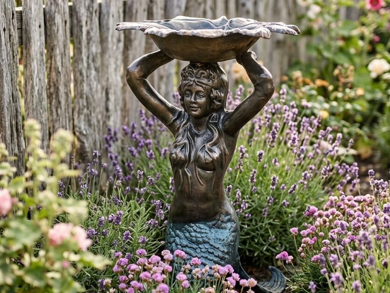 Mermaid Bird Bath Metal Garden Ornament in bronze patina in a coastal cottage garden - coastal garden ornaments uk