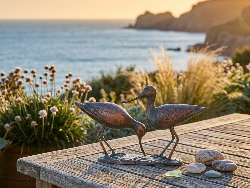 Pair of Sandpipers Metal Garden Ornament in bronze finish in a coastal garden - coastal garden ornaments uk