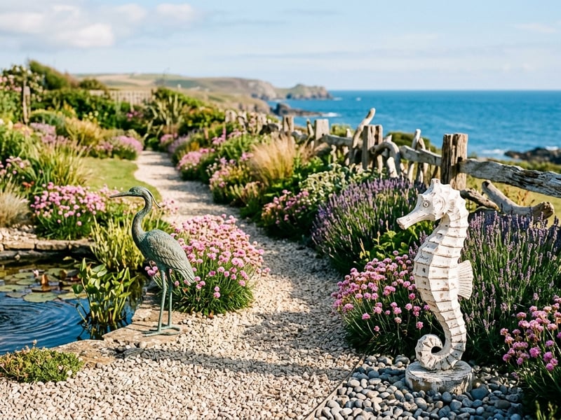Coastal garden ornaments UK featuring seahorse statue and nautical garden styling