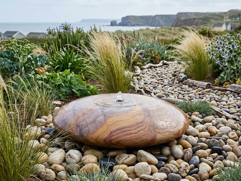 Smooth Pebble Sandstone Water Feature in a coastal garden with ornamental grasses - coastal garden ornaments uk