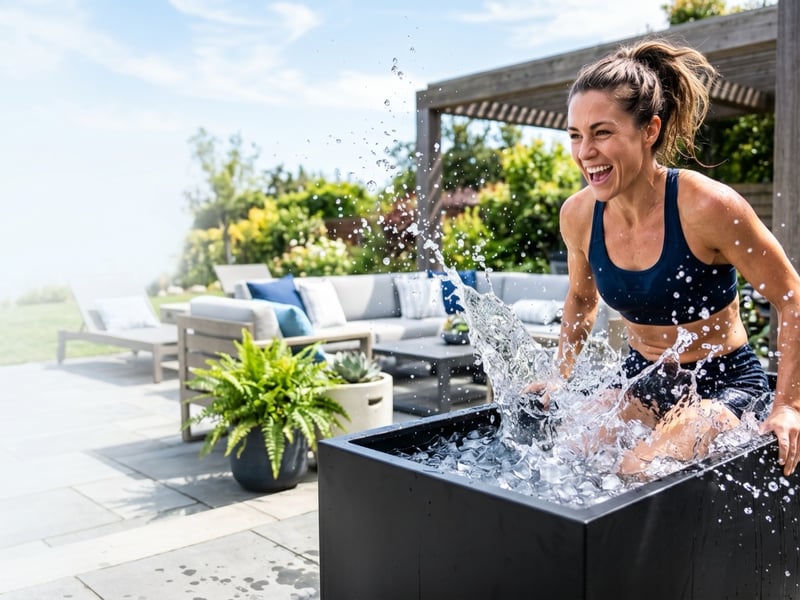 A person plunging into a cold ice bath in a UK garden