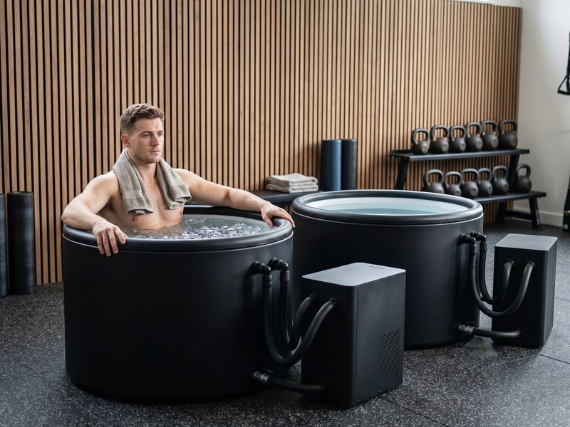 Two Arctic One ice baths in a modern gym recovery zone with an athlete recovering