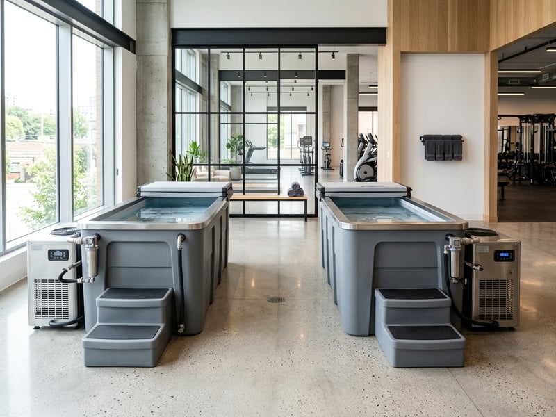 Two commercial ice baths and chiller units in a modern gym recovery zone