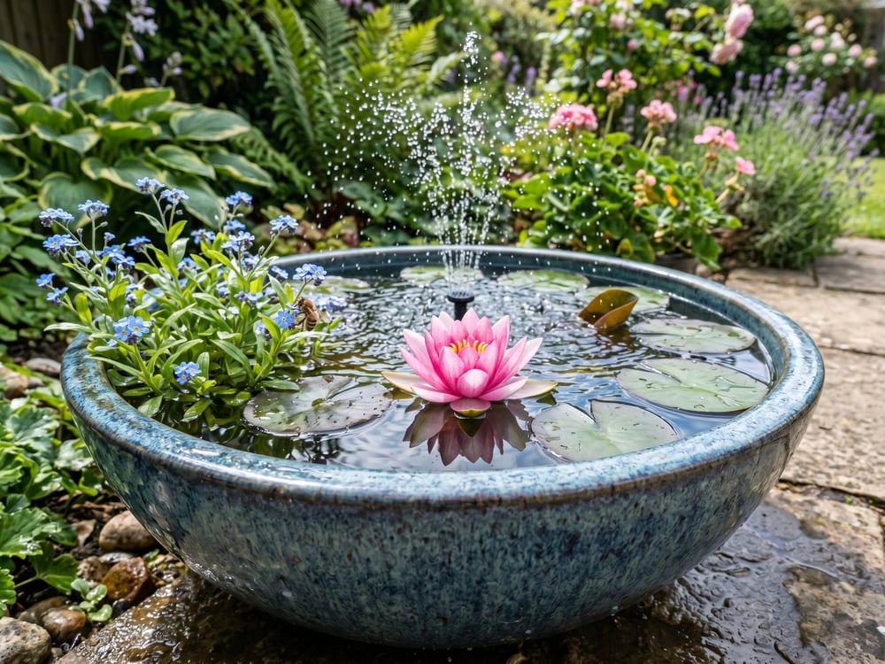 Close-up of a glazed bowl container pond with a pink waterlily, water forget-me-not and a fine fountain spray