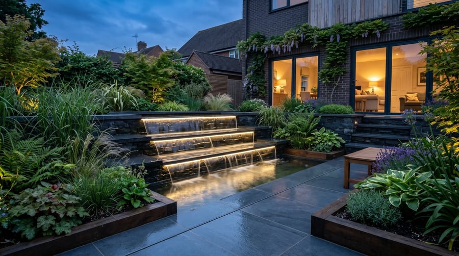 Contemporary courtyard garden with a wide multi-tier cascade water feature running at dusk, fed by a high-flow submersible pump