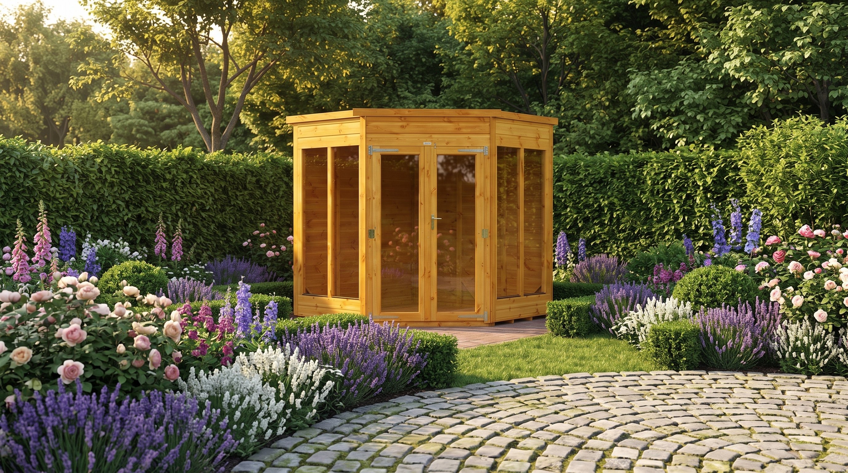 Power 6x6 Corner Summerhouse in a curved planted corner