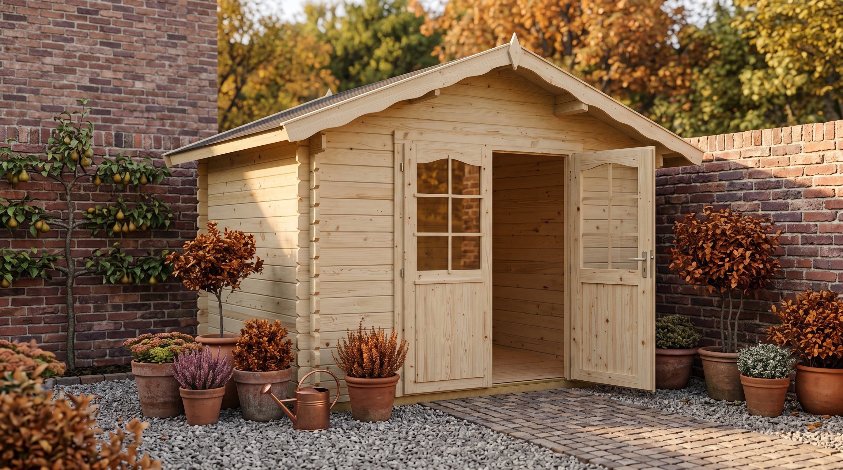 Palmako Vivian 3 x 2.4m Log Cabin in an autumn townhouse garden