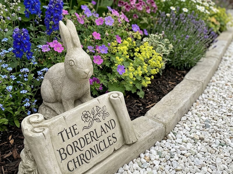 Cheeky Rabbit stone garden ornament nestled among cottage garden border planting