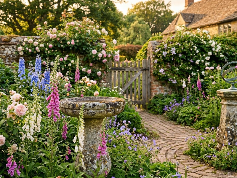 Cottage garden with weathered stone bird bath among foxgloves and climbing roses on a brick path