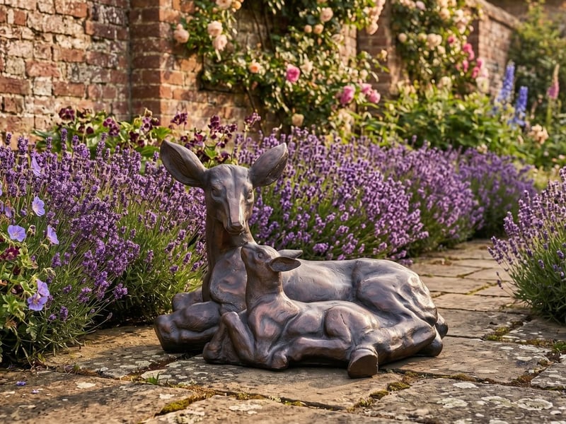 Bronze doe and fawn lying deer garden statue resting together on a stone terrace against an old red-brick wall with lavender