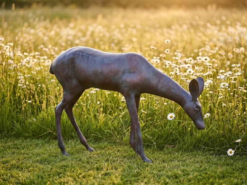 Bronze-patina grazing doe deer garden statue with head lowered feeding at the edge of a UK wildflower meadow at golden hour