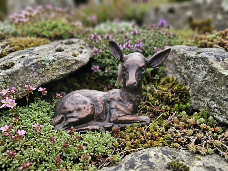 Small bronze lying fawn deer garden statue with ears up tucked low in an alpine rockery among creeping thyme and saxifrage