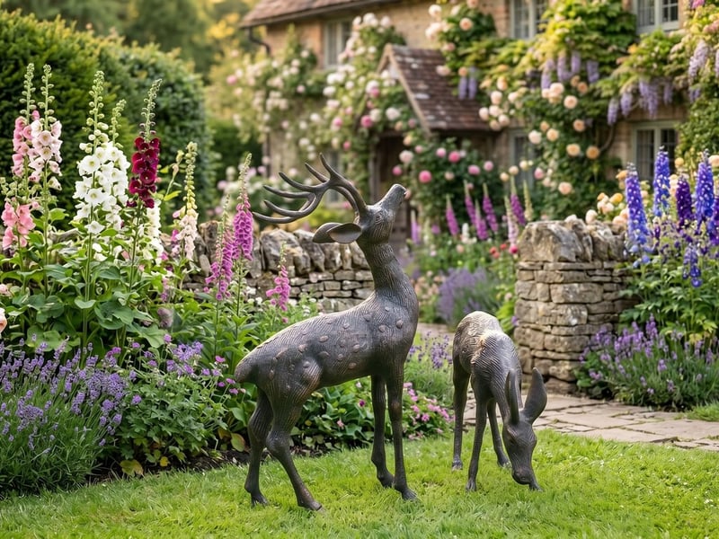Matched bronze stag and doe deer garden statues set on a lawn beside a cottage flower border with hollyhocks and delphiniums