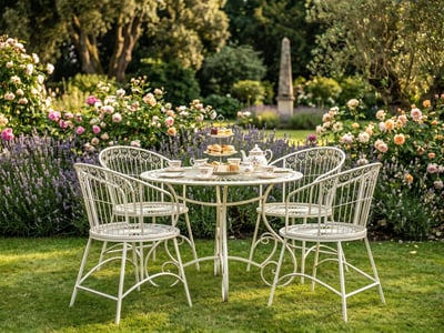 Cream ornate metal 4-seater dining set laid for afternoon tea in an English country garden