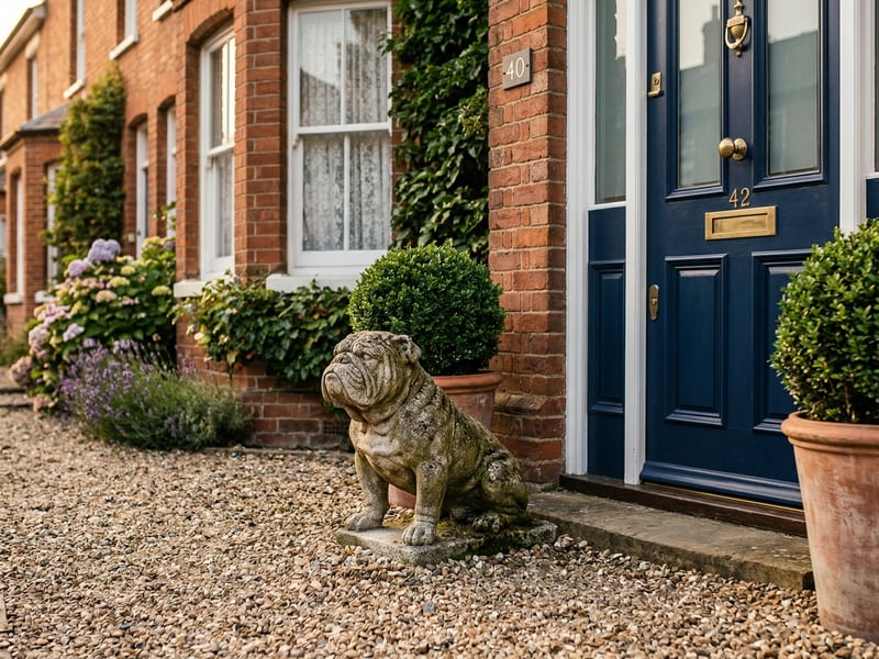 Stone Bulldog dog garden ornament beside a blue front door of a British terraced house
