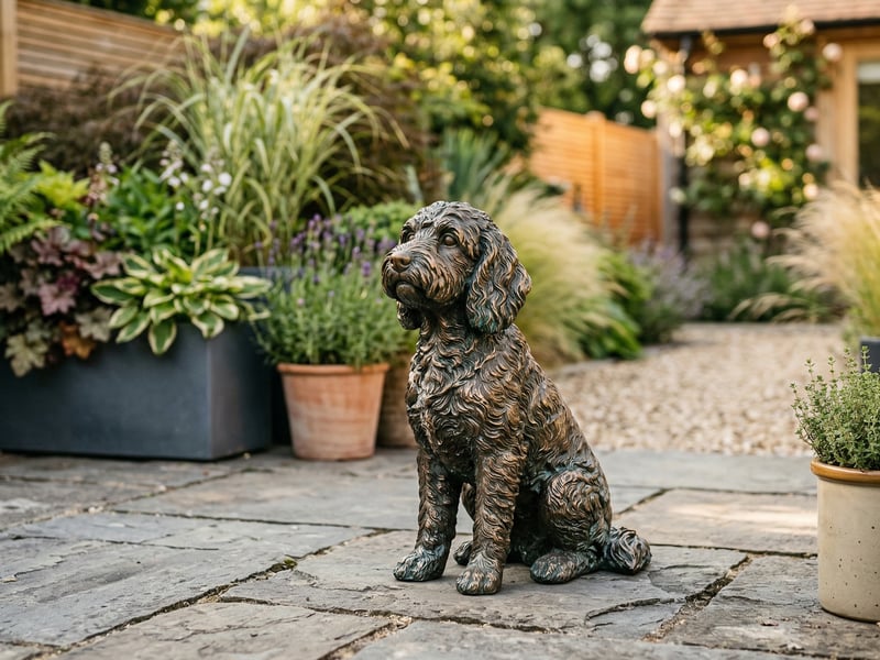 Bronze finish Cockapoo dog garden ornament sitting on a modern UK garden patio