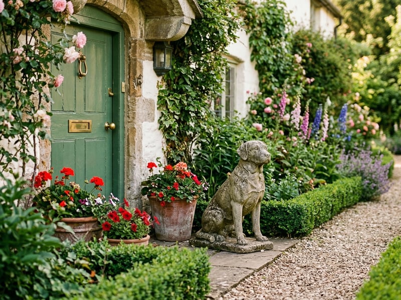 Dog garden ornament UK stone Labrador statue beside a cottage front door with flowers