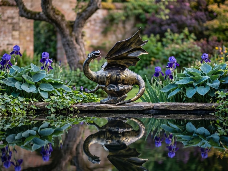 Aged bronze winged metal dragon garden ornament reflected in a still garden pond with irises and hostas in a country garden at dusk